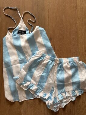 Favette Blue and White Stripe Ruffle Pajama Set